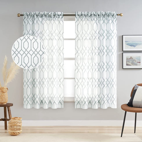 AUFENLLY Geometric Moroccan Patterned Sheer Curtains 63 Inch Length 2 Panels Faux Linen Modern Farmhouse Contemporary Sheer Curtains for Living Room Bedroom Rod Pocket 54 x 63 Inch 2 Panels, Grey