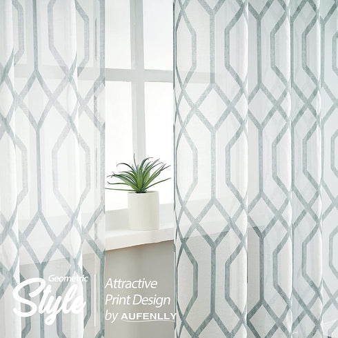 AUFENLLY Geometric Moroccan Patterned Sheer Curtains 63 Inch Length 2 Panels Faux Linen Modern Farmhouse Contemporary Sheer Curtains for Living Room Bedroom Rod Pocket 54 x 63 Inch 2 Panels, Grey