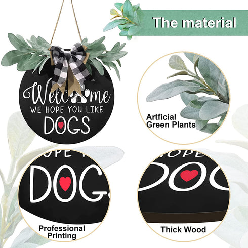 Welcome Sign for Front Door Decor - We Hope You Like Dogs,Outdoor Wooden Wreath Sign Farmhouse Door Hanger Sign with Eucalyptus Leaves and Buffalo Plaid Bow for Dogs Lovers Christmas Housewarming Gift