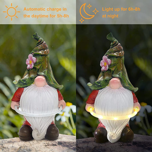 Garden Gnome Statue, LUOWAN Solar Light Garden Gnome, Resin Gnome Figurine Playing Hoop, Outdoor Decro for Garden Patio Yard Lawn Porch, Ornament Gift