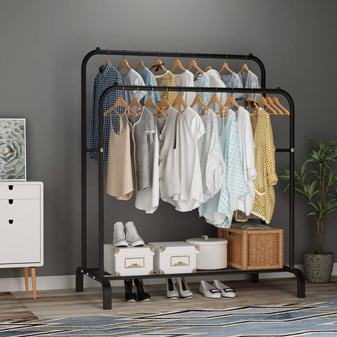 UDEAR Garment Rack Freestanding Hanger Double Pole Multi-Functional Bedroom Clothing Rack,Black