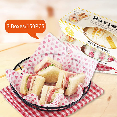 Suiwen 3-Pack (150pcs) Wax Paper, Food Picnic Paper, Greaseproof Paper ,Waterproof Dry Hamburger Paper Liners Wrapping Tissue for Plastic Food Basket (Rose, Heart, Stamp)