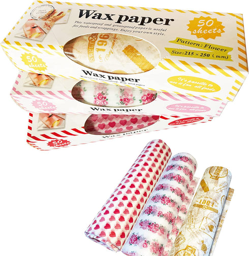 Suiwen 3-Pack (150pcs) Wax Paper, Food Picnic Paper, Greaseproof Paper ,Waterproof Dry Hamburger Paper Liners Wrapping Tissue for Plastic Food Basket (Rose, Heart, Stamp)