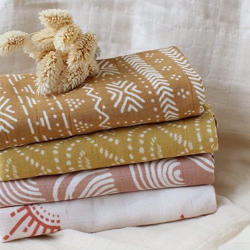 LifeTree 4 Pack Muslin Baby Cloths | Bamboo Cotton Bibs Burp Cloths Towel for Boys & Girls | 23.5" x 23.5" (Rainbows / Sunshine) | Muslin Squares Receiving Blankets