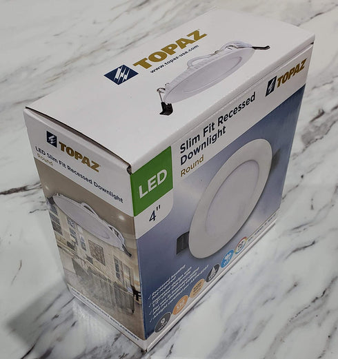 Topaz Lighting 70902, (Replaces Item 77229) 9 Watt 4 Inch Round LED Slim Fit Recessed Downlight, 3000K Half Inch Profile, 530 Lumens, 90 CRI, Snaps Into Ceiling, No Lighting Can Needed