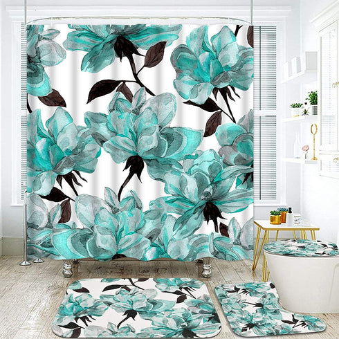 TAMOC 4 Pcs Watercolor Flower Shower Curtain Set with Non-Slip Rug, Toilet Lid Cover and Bath Mat, Blue Rose Shower Curtain with 12 Hooks, Waterproof Colorful Floral Bathroom Shower Curtain