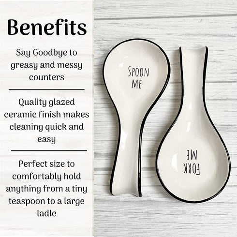 OAKOA 2 Pack Ceramic Spoon Rest for Stove Top - Cute Spoon Rests for Kitchen Counter - Fork Me Spoon Me - Cooking Spoon Holder - Utensil Rest - Ladle Holder - Spatula Rest - Farmhouse White Funny