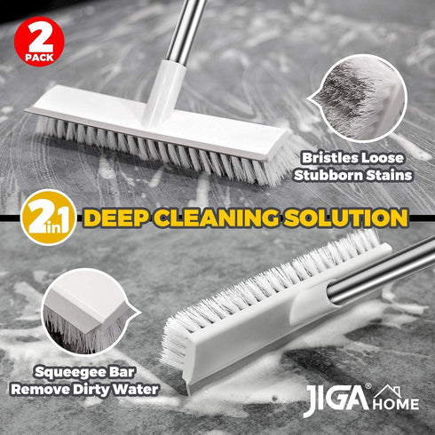 JIGA 2 Pack Floor Scrub Brush with Long Handle, Stiff Bristle Brush Scrubber, Cleaning Brush for Deck, Bathroom, Tub, Tile, Grout, Kitchen, Swimming Pool, Patio, Garages, Gray