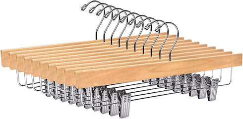 Quality Hangers Wooden Pants Hangers - 10-Pack Swivel Hook Cloth Hanger Set - Lotus Wood Skirt, Pant, Shorts and Slack Hangers with Adjustable Clip - Natural Clothing Hanger Set in 6 Modern Colors