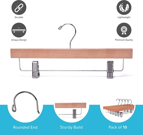 Quality Hangers Wooden Pants Hangers - 10-Pack Swivel Hook Cloth Hanger Set - Lotus Wood Skirt, Pant, Shorts and Slack Hangers with Adjustable Clip - Natural Clothing Hanger Set in 6 Modern Colors