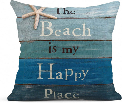 Emvency Set of 4 Throw Pillow Covers Summer Blue Ocean Theme Wood Grain Nautical Coastal Starfish Beach Navy Anchor Decorative Pillow Cases Home Decor Square 18x18 Inches Pillowcases