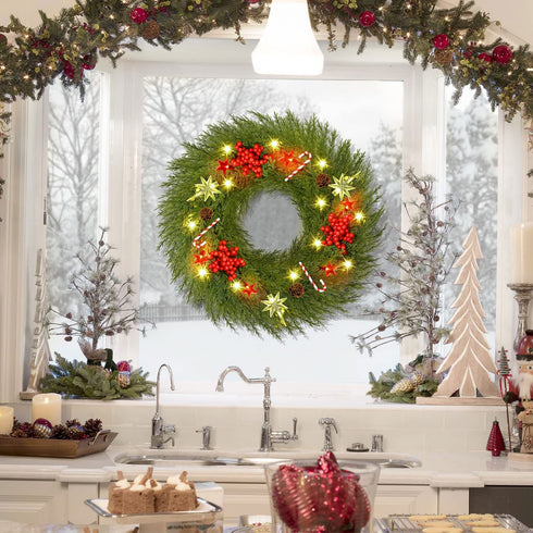 YoleShy Pre-lit Christmas Wreath for Front Door with Hanger 18" Battery Operated Christmas Wreath with Lights Red Berry Pine Cone Candy Cane, Christmas Decorations for Window, Wall Decor, Fireplace