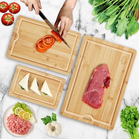 KIMIUP Bamboo Cutting Board Set for Kitchen, Wood Cutting Board Set of 3, Kitchen Chopping Board With Juice Grooves and Built-in Handles, Cutting Boards with Holder