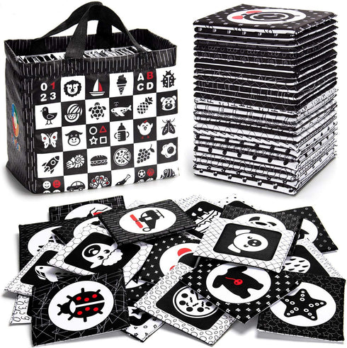 teytoy Black and White Baby Sensory Toys High Contrast Cards Cloth Fabric Soft Cards for Newborn 0-6 Months Visual Stimulation Early Development with Animals Fruit Number Shape Letter, 26 Pcs