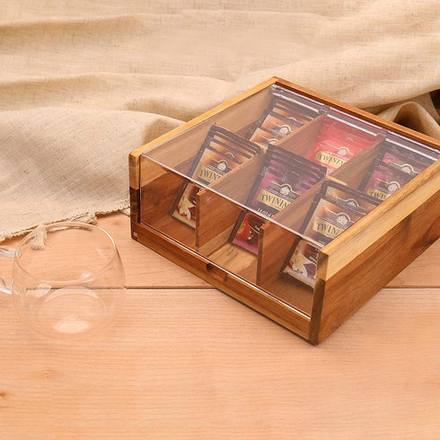 Acacia Wood Tea Bag Organizer Storage, 6 Compartments Tea Chest Box with Acrylic Transparent Hinged Lid By HTB