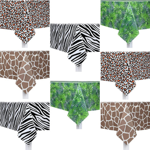 8 Pieces Animal Safari Theme Zoo Table Covers Tropical Palm Leaf Tablecloth Zebra Print Tablecloth Leopard Giraffe Print Table Cover for Animal Themed Party Supplies Birthday Baby Shower Zoo Jungle