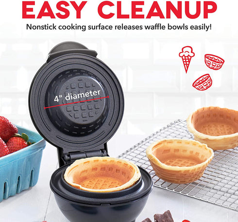 Dash Mini Waffle Bowl Maker for Breakfast Burrito Bowls, Ice Cream and Other Sweet Deserts, Recipe Guide Included - Black