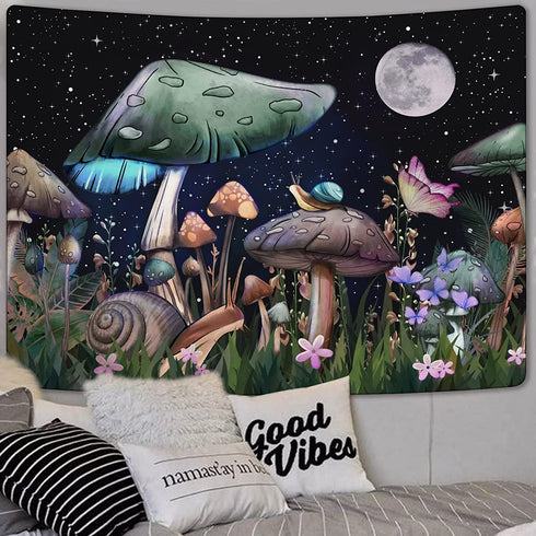Lifeel Trippy Mushroom Tapestry, Moon and Stars Tapestrs with Snail Flowers and Plants Tapestry Wall Hanging for Room 36—48 inches