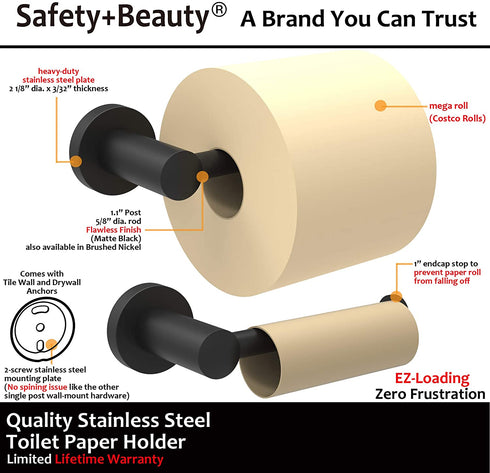2-Pack Toilet Paper Holder for Mega Roll, Durable Stainless Steel Construction, Rust-Proof, Matte Black