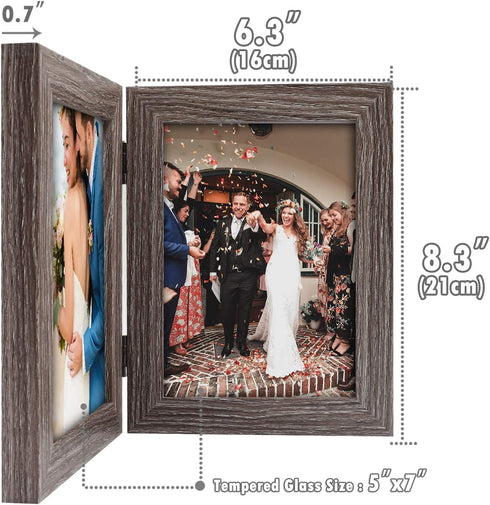 Golden State Art, 5x7 Double Frame Wood Grain Hinged Picture Frame Two Photo Frames, for Wedding Family Picture Collage (Grey, 5x7)