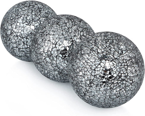 MDLUU Decorative Orbs, Mosaic Sphere Balls, Centerpiece Balls for Bowls, Vases, Dining Table Decor, Diameter 4 Inches, Pack of 3 (Black Silver)