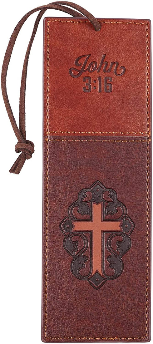 Christian Art Gifts Faux Leather Bookmark Two-Tone Cross John 3:16 Bible Verse w/Satin Ribbon Tassel, Brown