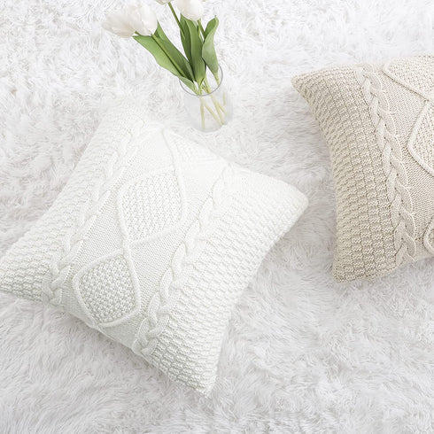 MANDIOO Cotton Knitted Beige Decorative Throw Pillow Covers Soft Cozy Outdoor Cushion Cases Luxury Modern Pillowcases for Couch Sofa Bed 18x18 Inches