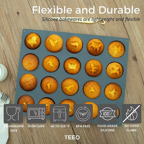 Silicone Muffin Brownie Baking Mould, XL Reusable Cupcake Pan BPA-Free Non-Toxic Moulds, Cold & Heat Resistant Bakeware Pans, Dishwasher Safe, 20 Round Cavities