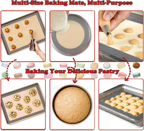 Silicone Baking Mats, Set of 7, BPA-Free Food Grade Reusable Baking Mat Professional Non-stick Pastry Mat Oven Liner Sheets Mats Silicone pan liners Square Cake Pan Mat Silicone Oil Brush &Knife