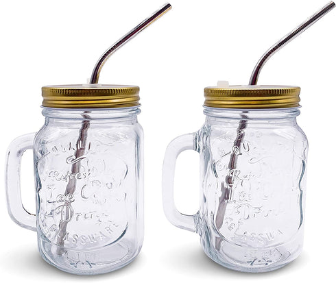 Home Suave Mason Jar Mugs with Handle, Regular Mouth, Colorful Lids with 2 Reusable Stainless Steel Straw, Set of 2 (Gold), Kitchen Glass 16 oz Jars,Refreshing Ice Cold Drink & Dishwasher Safe