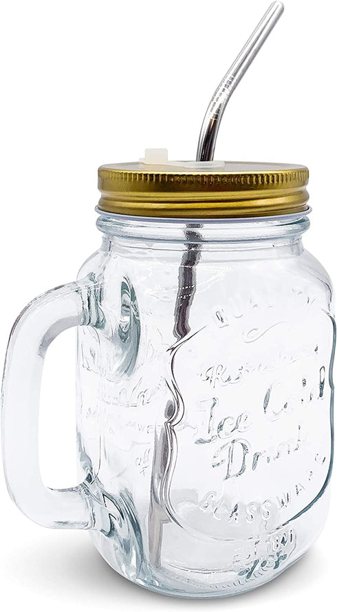 Home Suave Mason Jar Mugs with Handle, Regular Mouth, Colorful Lids with 2 Reusable Stainless Steel Straw, Set of 2 (Gold), Kitchen Glass 16 oz Jars,Refreshing Ice Cold Drink & Dishwasher Safe
