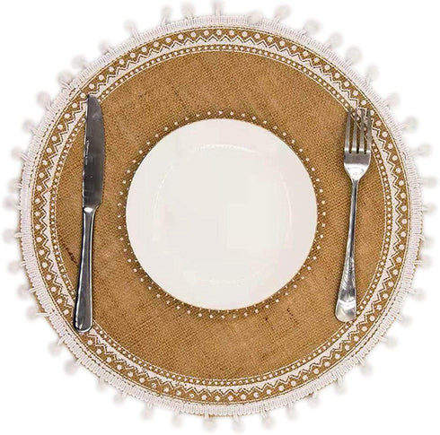 CAPASIN Round Placemats Set of 4, Dining Winter Modern Dinner Braided Beige Boho Round Table and Fall Circle Placemats Boho Runner Kitchen Table Plate Mats Set of 4 (White Ball)