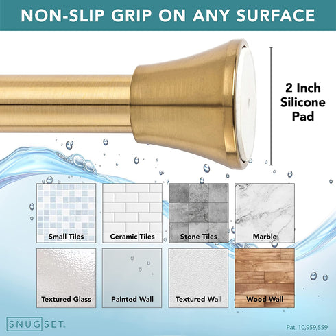SnugSet | Ultra Strong Secure Hold Tension | No Rust | 43-72" | Adjustable | Gold Shower Curtain Rod