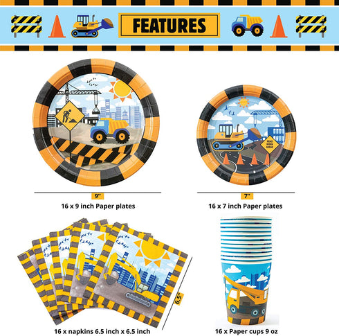 Whoobli Construction Birthday Party Supplies (Serves 16), All in One Truck Construction Party Supplies- Plate, Cups, Spoons, Fork, Napkins. Construction Birthday Decorations for Boys