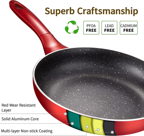 Frying Pan 8 inch, Non-stick Skillet for All Stoves, 100% Non-toxic Cooking Pans, Red Cookware, Induction, Dishwasher Safe