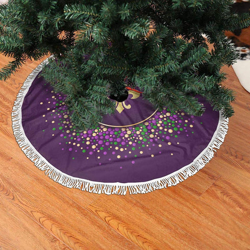 FREEHOTU Mardi Gras Purple Gold Fleur De Lis Christmas Tree Skirt Gorgeous Edge Tassel Lace for 36" Xmas Ornaments Decoration
