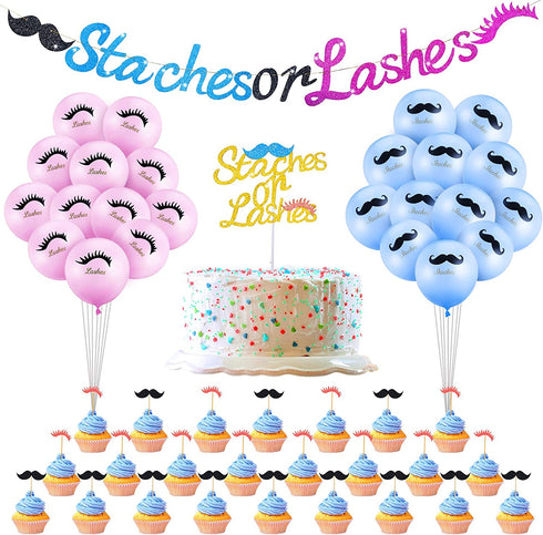 50 Pieces Staches or Lashes Set Include Gender Reveal Banner Cake and Cupcake Topper Balloons for Boy or Girl Baby Shower Birthday Party Decorations Kits (Blue and Pink)