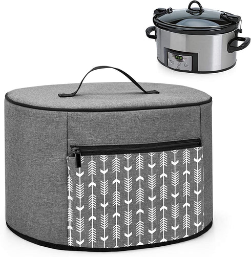 YARWO Slow Cooker Dust Cover Compatible with Crock Pot and Hamilton Beach 6-8 qt Slow Cooker, Dust Free Cover with Zipper Pocket and Wipe Clean Liner, Gray with Arrow