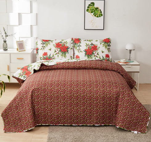 Flower Quilt Set Full/Queen Size ,3 Pcs Poinsettia Floral Quilts Lightweight Reversible Red Christmas Flower Bedspread Coverlet New Year Holiday Bedding with Pillow Shams