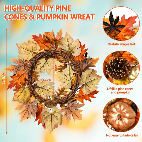 Rocinha Fall Wreath for Front Door Decor, 20 inch Autumn Wreath with Pine Cones Pumpkin Maple Leaf, Harvest Thanksgiving Decorations Fall Decorations for Home