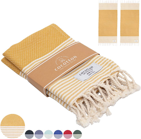 COCOTTON Boho Striped Turkish Hand Towels Set of 2 | 100% Cotton, 16 x 40 Inches | Decorative Bathroom Hair Face Gym Yoga Dishcloth Tea Kitchen Light Weight Quick Dry Farmhouse Towel (Mustard)