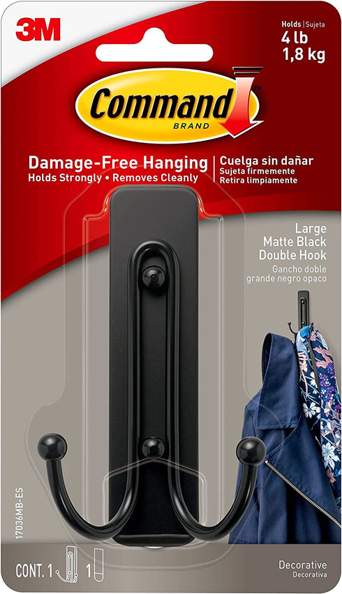 Command Large Double Wall Hook, Matte Black, Decorate Damage-Free