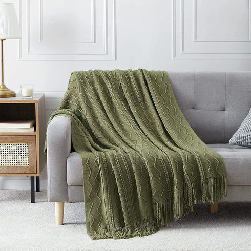 BOURINA Throw Blanket Textured Solid Soft Sofa Throw Couch Cover Knitted Decorative Blanket, 50"x60" Olive