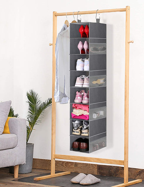MISSLO 8-Shelf Hanging Shoe Organizer Clothes Closet Organizers and Storage Shelves Hat Holder with Large Shelf and Side Mesh Pockets for Hats Handbags Kid Sweater, Grey