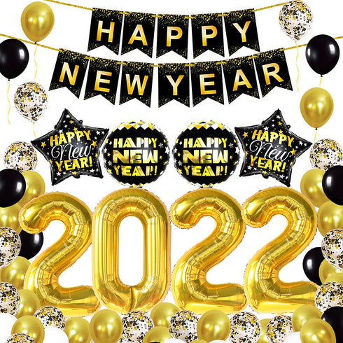 Huge Happy New Year Decorations 2022 Set - 43 Pieces | 40 Inch Gold 2022 Balloons Numbers | Large 10 Feet Happy New Year Banner | New Years Eve Party Supplies For New Years Backdrop | Nye Decorations