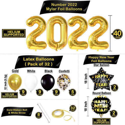 Huge Happy New Year Decorations 2022 Set - 43 Pieces | 40 Inch Gold 2022 Balloons Numbers | Large 10 Feet Happy New Year Banner | New Years Eve Party Supplies For New Years Backdrop | Nye Decorations