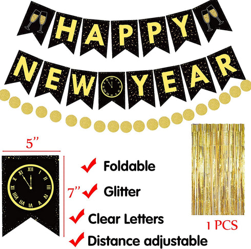 Funnlot 109 PCS Happy New Year Decorations 2022 New Years Eve Decorations Happy New Year Banner New Years Decorations 2022 Black and Gold New Years Party Decor