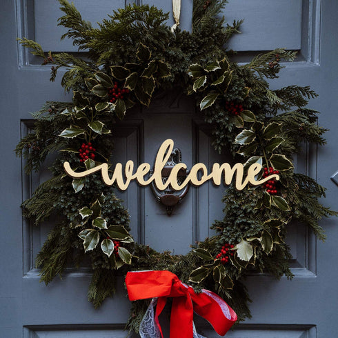 Zhuper Wood Welcome Sign for Wreath Decor Wood Script Home Gallery Wall Sign Wall Art Unfinished Rustic Word Front Door Porch Entryway Decoration DIY Craft 16"x3.8"