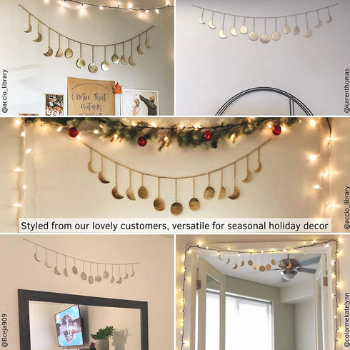 Moon Phase Wall Hanging Handmade Hammered Gold Metal 13 Moons 36" Garland, Boho Home Decor for Bedroom, Celestial Art Phases Bohemian Decoration Astrology Aesthetic for Above the Bed or Living Room
