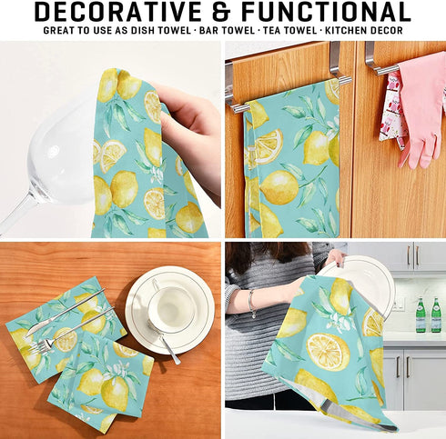 Lemon Dish Towel Cloth Turquoise Kitchen Hand Towels 18x28 IN Super Absorbent Lint Free Cleaning Cloths Tea Bar Soft Towel Set of 4